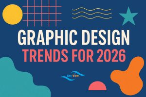 Collage showing bold color palettes, 3D shapes, motion streaks, and AI icons representing graphic design trends for 2026
