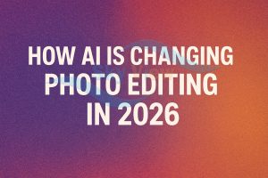 A creative workspace showing AI-assisted photo editing on a laptop with before-and-after images