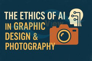 A digital collage showing a camera, stylus, and AI network overlay representing ethics in creative AI.
